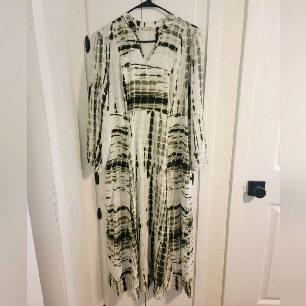 Soft Surroundings Melody V Neck Green Tye Dye Maxi Boho Dress PL